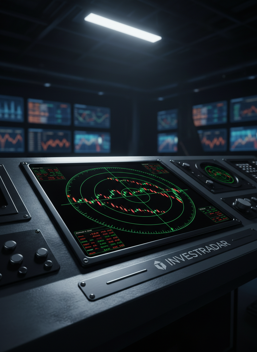 A close-up, photographic realism image of a glossy black radar screen embedded in a brushed metal console, where instead of aircraft signals, tiny glowing candlestick icons and stock tickers sweep across a circular green grid. The console rests in a dark, high-tech control room filled with softly glowing financial data panels in the blurred background. A single cool-white overhead light casts precise highlights on the metal surface and faint reflections on the radar glass. Captured at a dramatic three-quarter angle with strong contrast and rich shadows, the mood is bold, intense, and analytical, visually symbolizing InvestRadar’s mission to detect key stock market signals early and clearly.