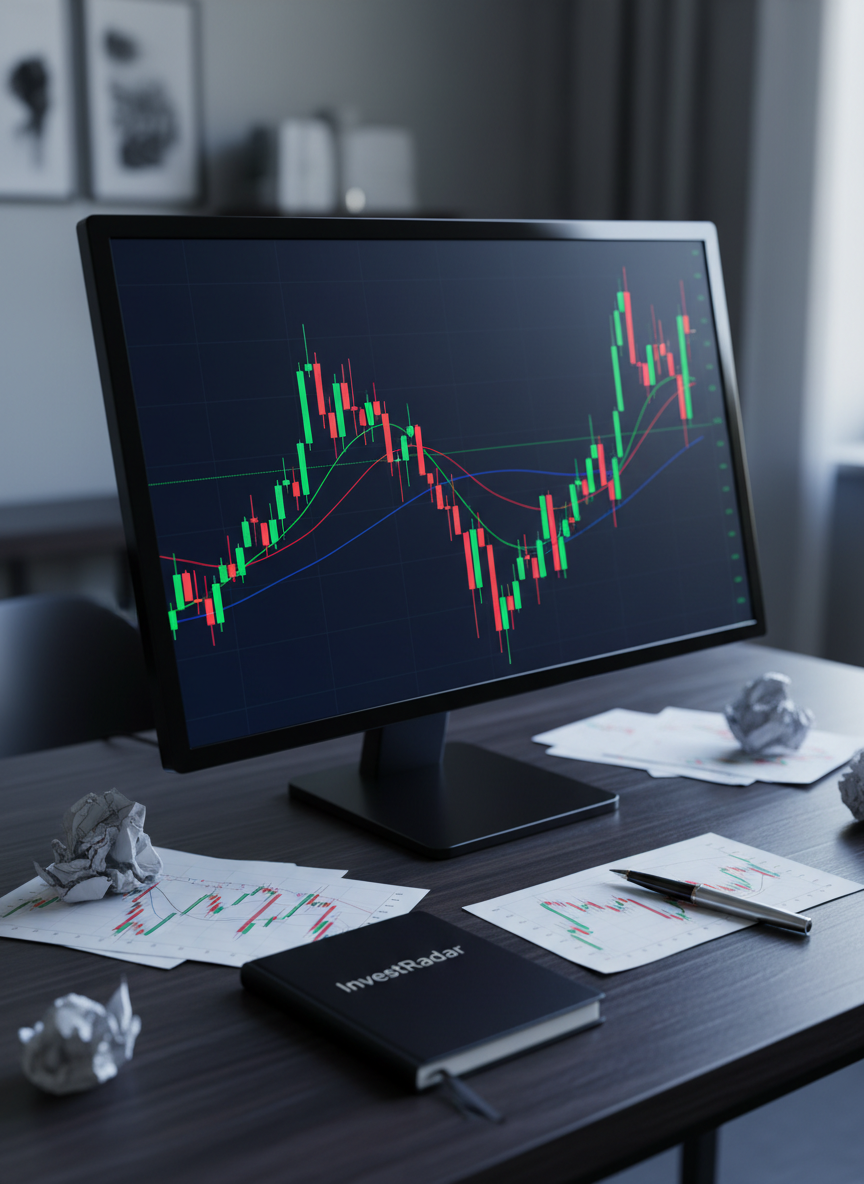 A bold, high-contrast photographic illustration of a sleek black computer monitor on a dark wooden desk, displaying a vibrant line chart of global stock indices in green, red, and blue against a deep navy background. Surrounding the monitor are scattered printed candlestick charts, a metallic silver pen, and a minimalist black notebook with embossed "InvestRadar" text. Cool, focused desk-lamp lighting creates crisp highlights on the monitor’s edges and subtle reflections on the desk surface, while the rest of the room falls into a soft blur. Shot from a slightly elevated angle with shallow depth of field, the composition feels sharp, modern, and analytical, perfectly evoking the clarity and focus needed for better stock market decisions.