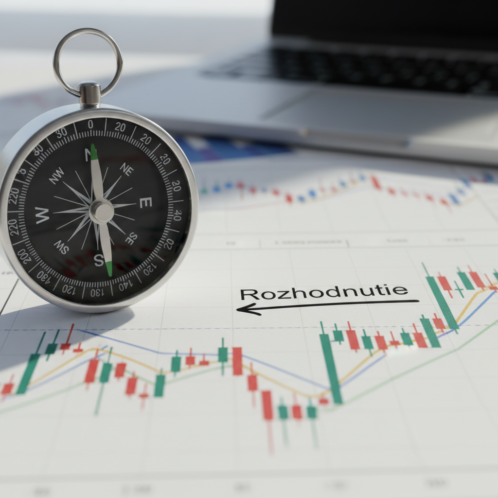 A dramatic macro photographic shot of a polished silver compass lying on top of a detailed printed stock market chart filled with colorful candlesticks, trendlines, and volume bars. The compass needle points decisively toward a bold arrow drawn in thick black ink, labeled "Rozhodnutie" in clean, modern type. Soft daylight from a nearby window streams in from the side, creating bright highlights on the metal edges and gentle shadows that emphasize the compass texture and paper fibers. The background gradually blurs into neutral tones of additional charts and a laptop edge. Composed using the rule of thirds with shallow depth of field, the image feels confident, directional, and empowering, echoing the idea of finding clear guidance in complex markets.