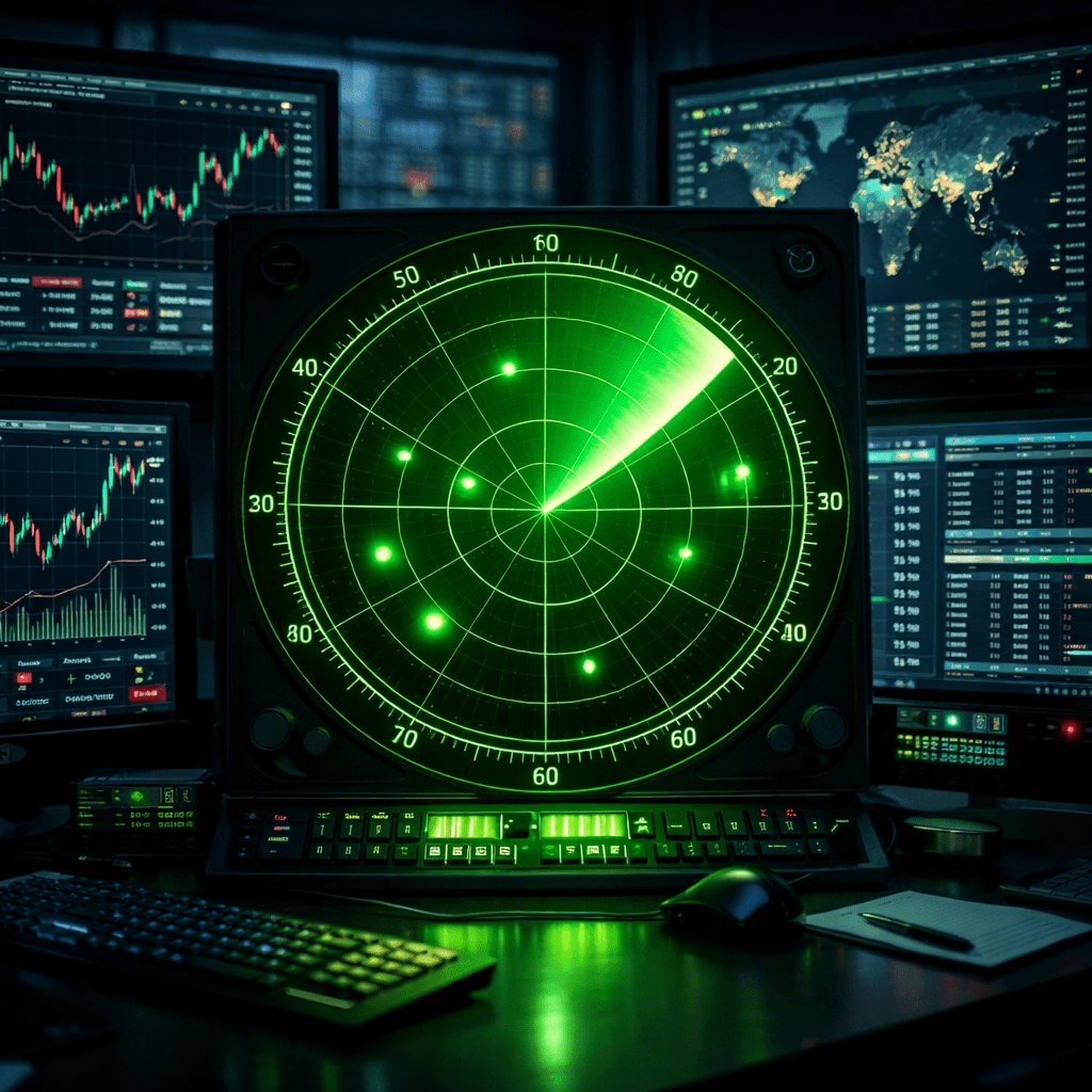 Radar screen with multiple detections surrounded by financial and world data displays